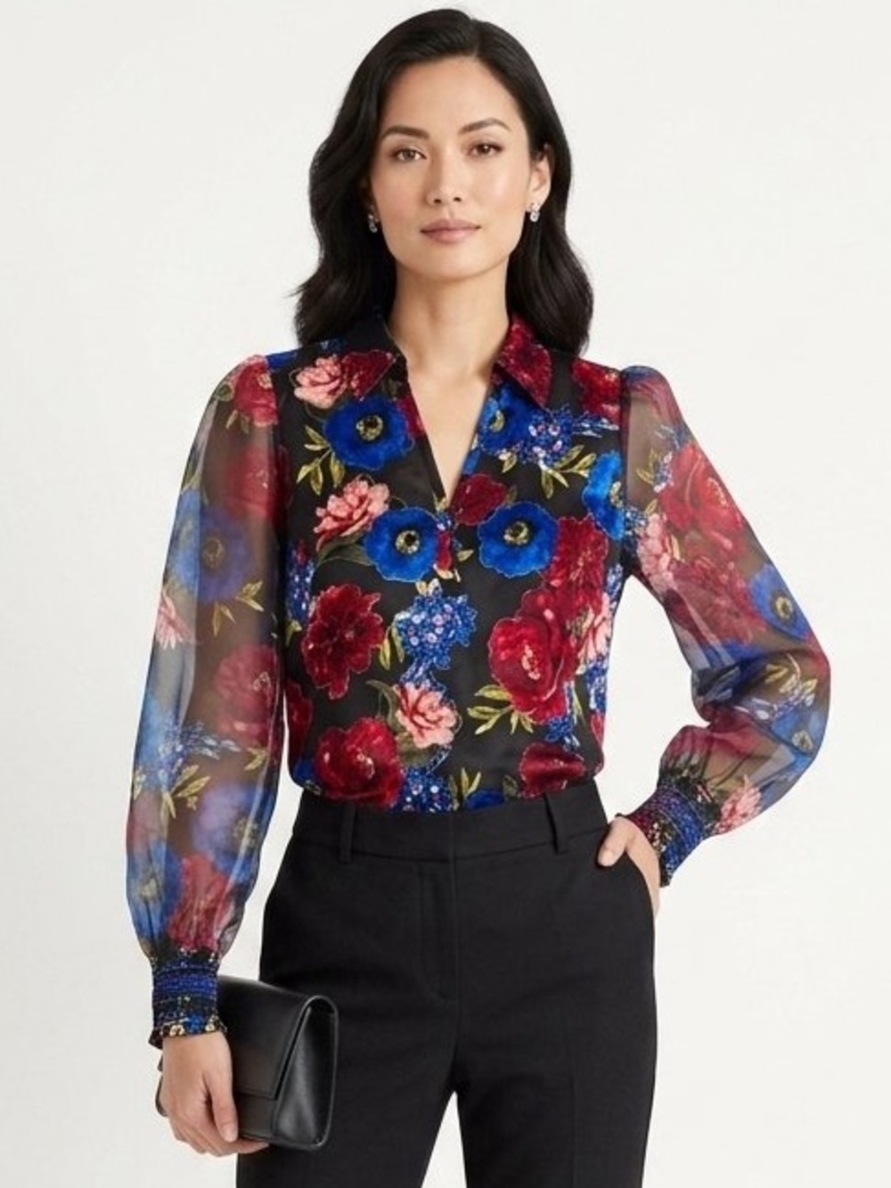 White House Black Market Sheer Floral Velvet Print Blouse Size S